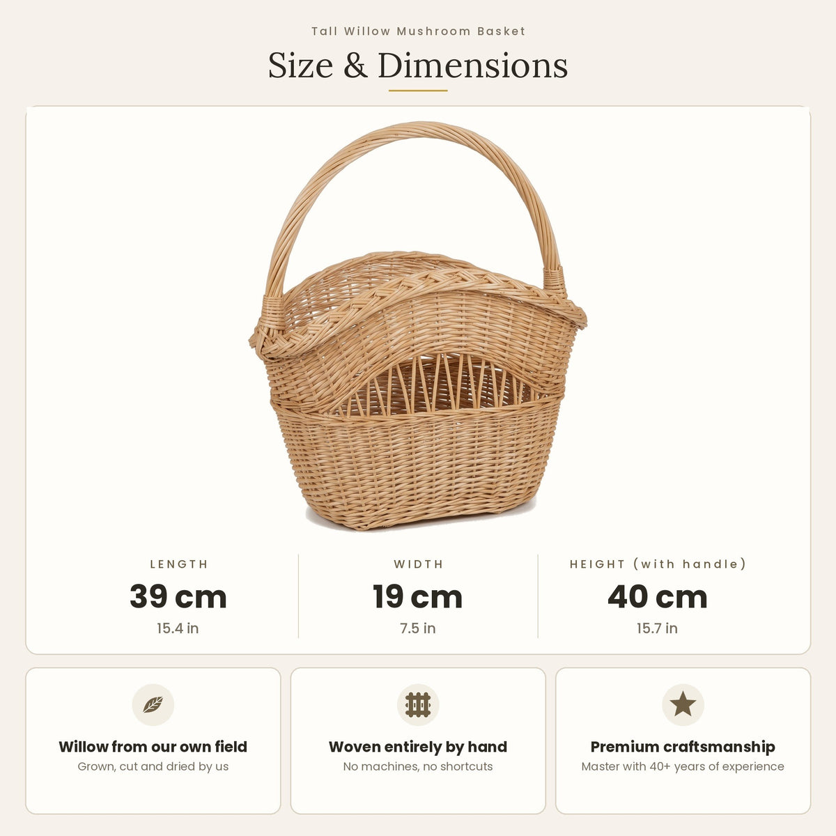 Pintinės matmenys: ilgis 39 cm, plotis 19 cm, aukštis su rankena 40 cm