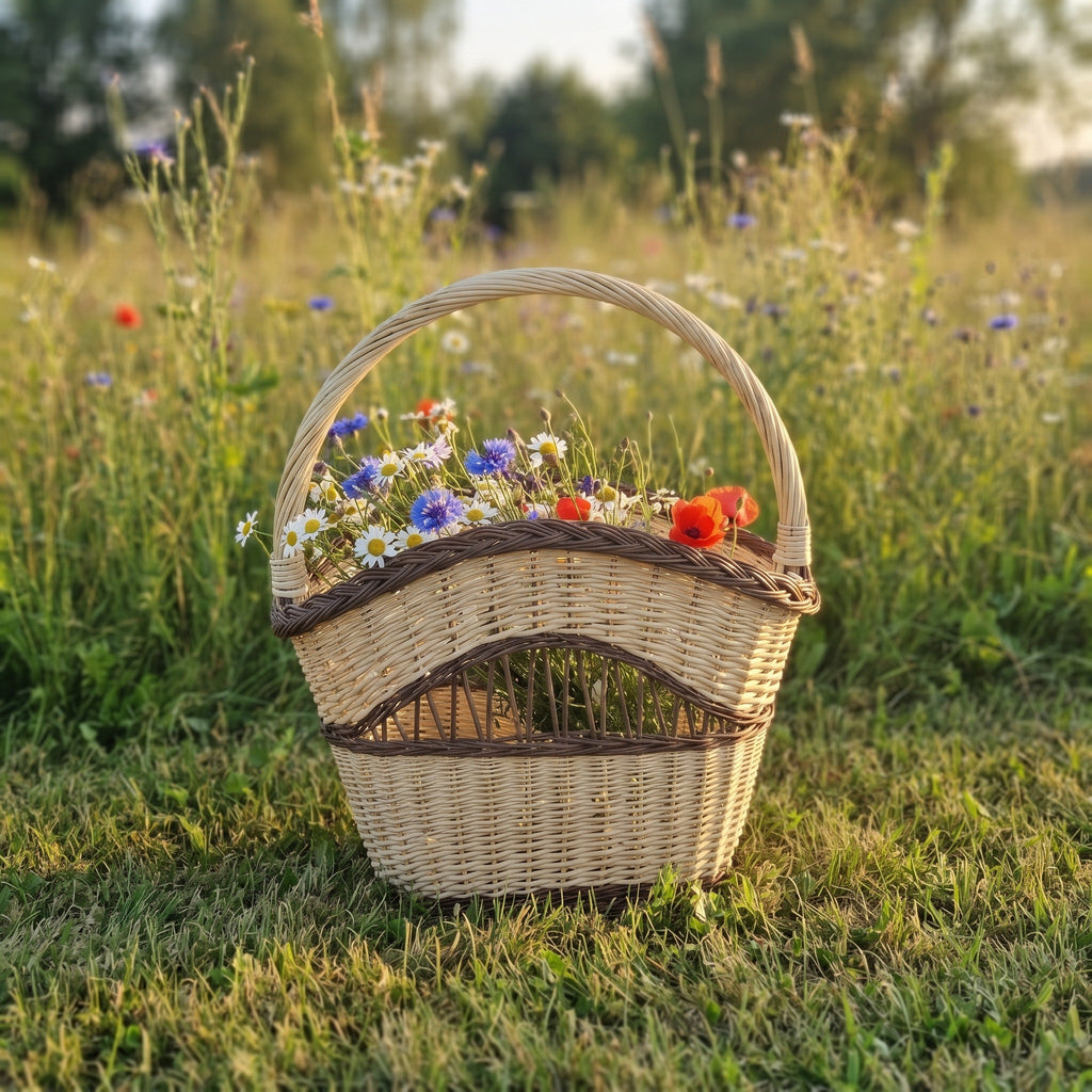 Aukšta pintinė su rankena, pilna rugiagėlių ir aguonų, vasaros pievoje saulei leidžiantis