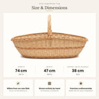 Pintinės matmenys: ilgis 74 cm, plotis 47 cm, aukštis su rankena 38 cm