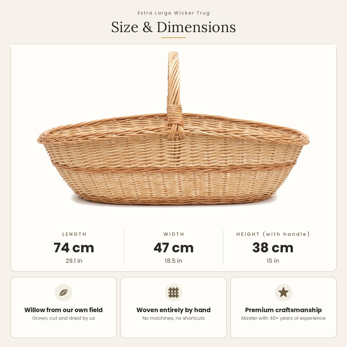 Pintinės matmenys: ilgis 74 cm, plotis 47 cm, aukštis su rankena 38 cm
