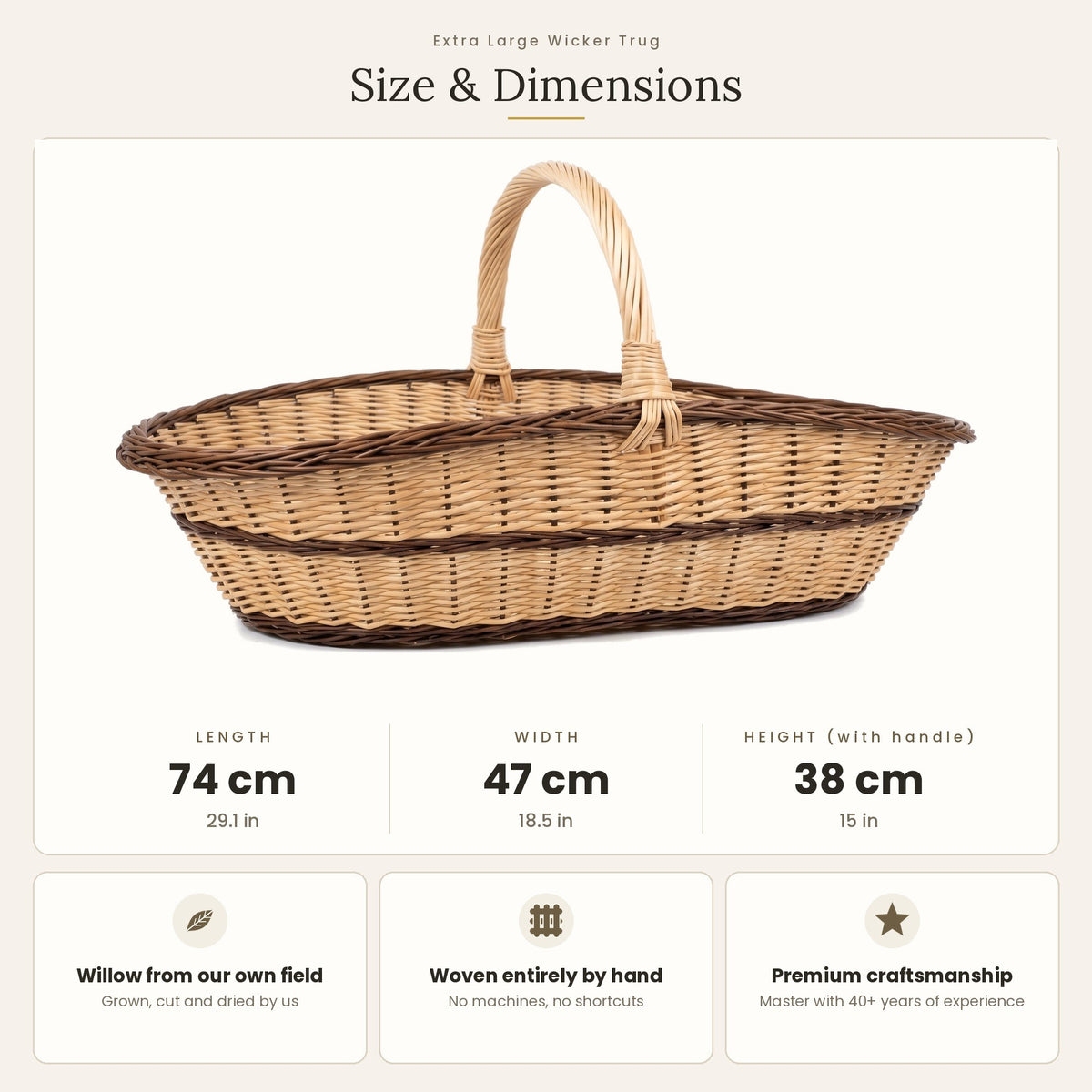 Malkų pintinės matmenys: ilgis 74 cm, plotis 47 cm, aukštis su rankena 38 cm