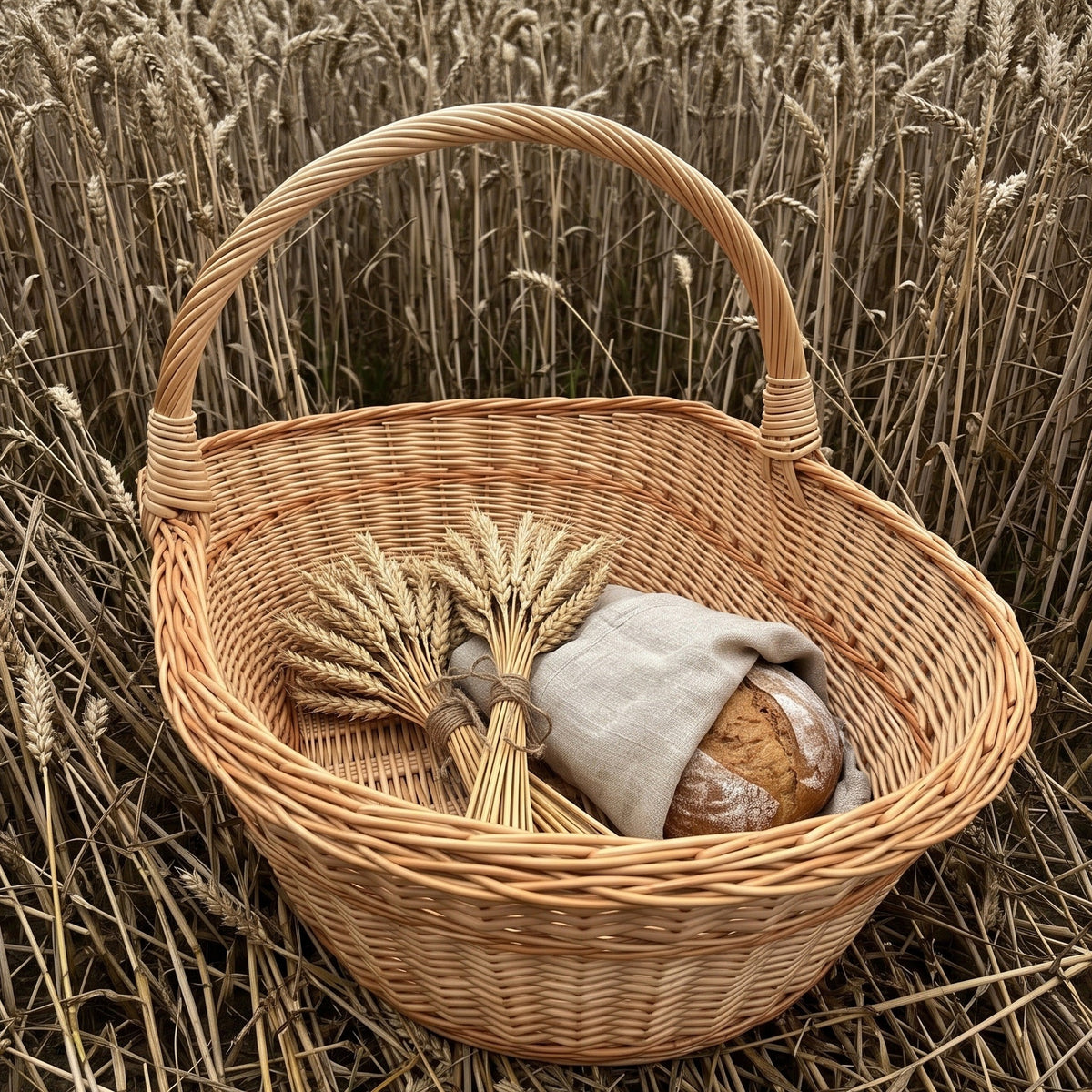 Didelė pintinė derliui, joje kviečių pėdas ir duonos kepalas lininiame audinyje, prinokusių kviečių lauke