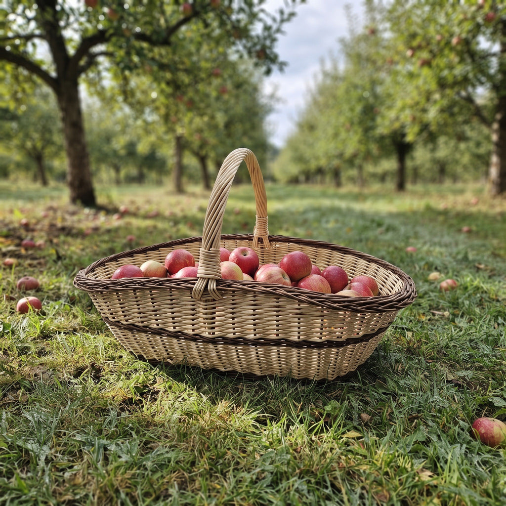 Labai didelė pintinė su rankena, pilna raudonų obuolių, ant žolės sode – metas skinti