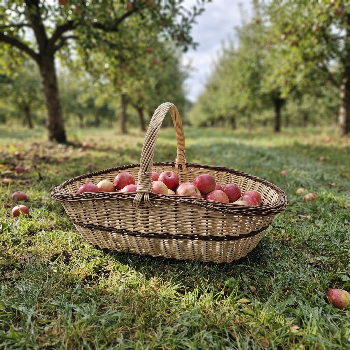 Labai didelė pintinė su rankena, pilna raudonų obuolių, ant žolės sode – metas skinti