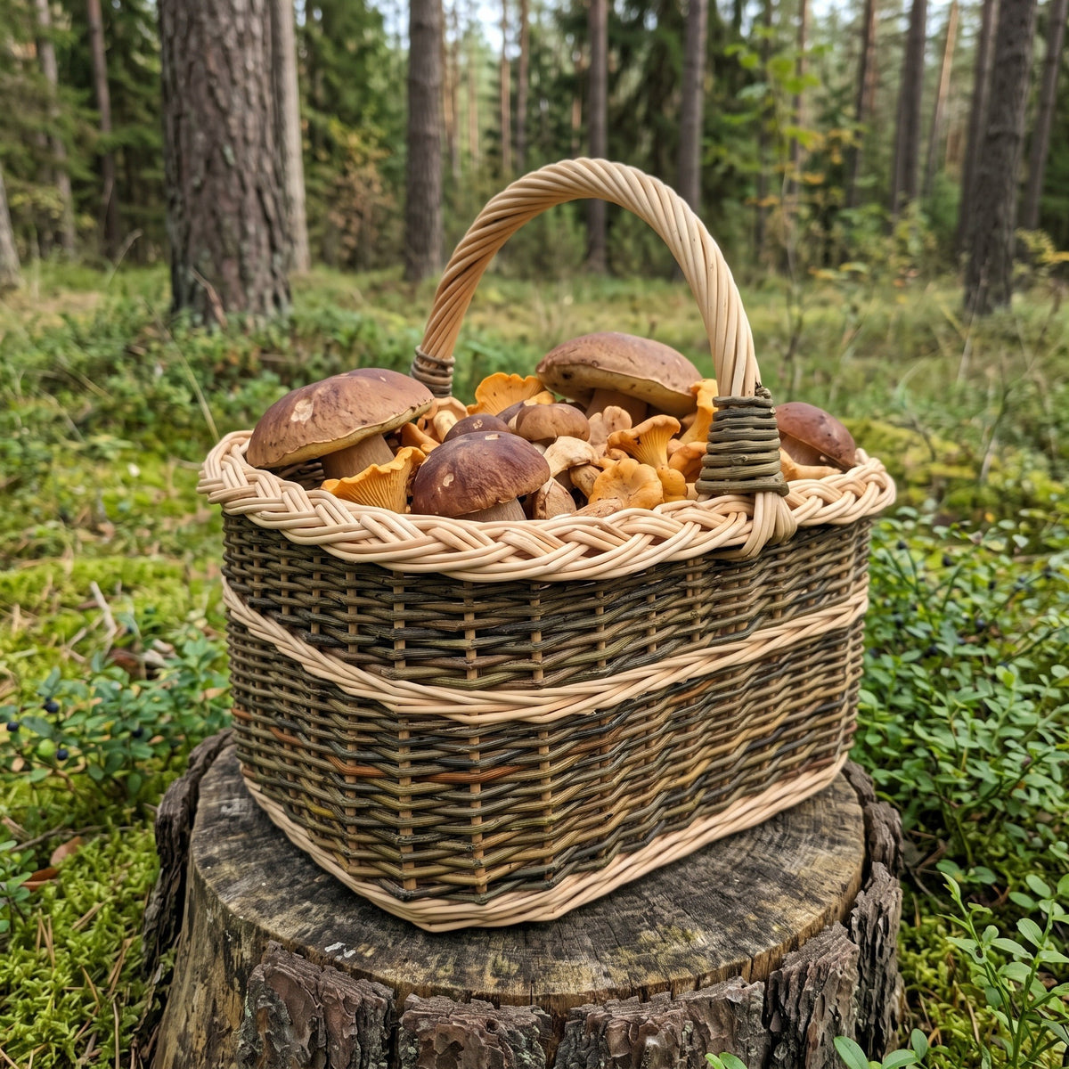 Grybavimo pintinė su rankena, prikrauta miško grybų, ant samanoto kelmo pušyne