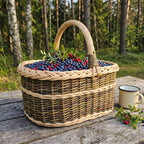 Vytelių pintinė su aukšta rankena, pilna mėlynių ir bruknių, ant medinio stalo pušyne šalia emaliuoto puodelio