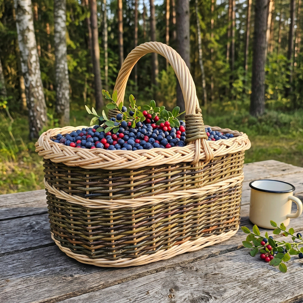 Vytelių pintinė su aukšta rankena, pilna mėlynių ir bruknių, ant medinio stalo pušyne šalia emaliuoto puodelio