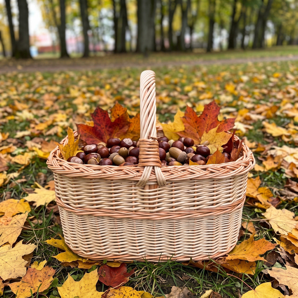 Vytelių pikniko pintinė su rankena, pilna kaštonų ir klevo lapų, ant rudens žolės parke