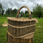Pintinė su aukšta lanko formos rankena iš priekio ant kelmo, virš jos debesuotas dangus