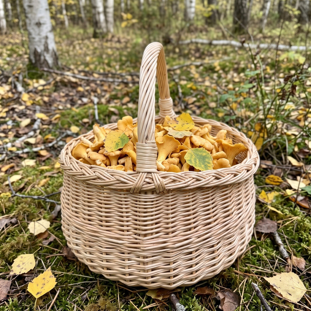 Apvali grybų pintinė su aukšta rankena, pilna voveraičių, ant samanų tarp beržo lapų