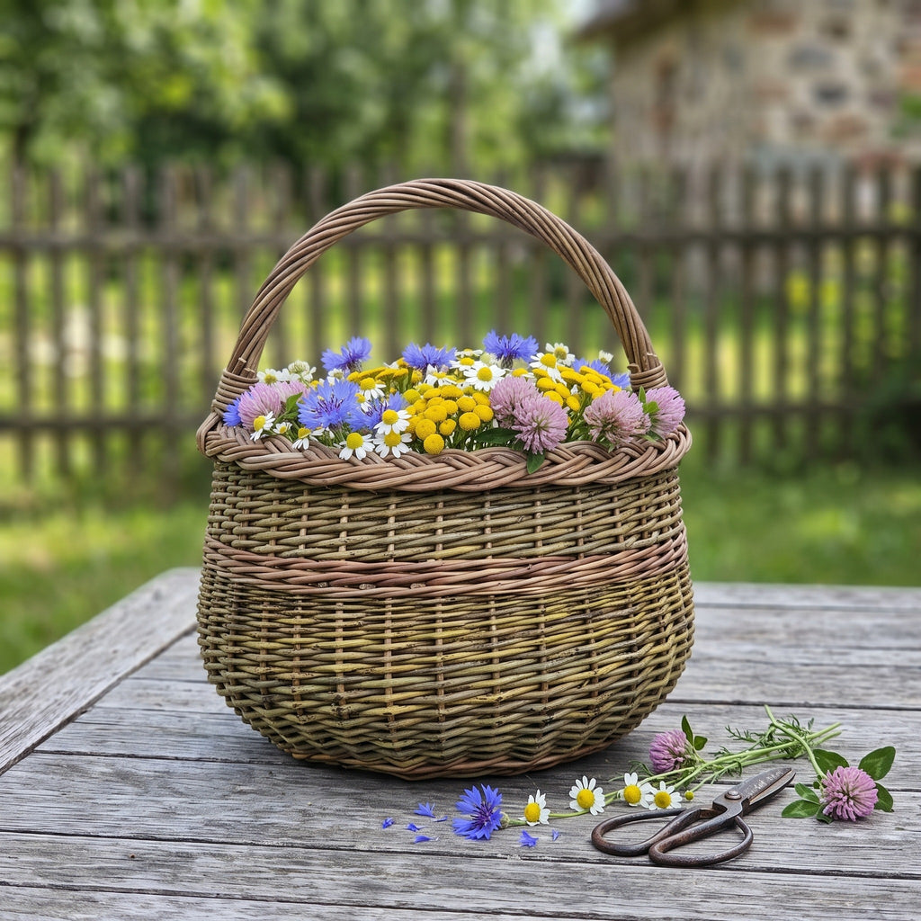 Apvali pintinė su kasele pintu kraštu, pilna lauko gėlių, ant medinio stalo šalia sodo žirklių