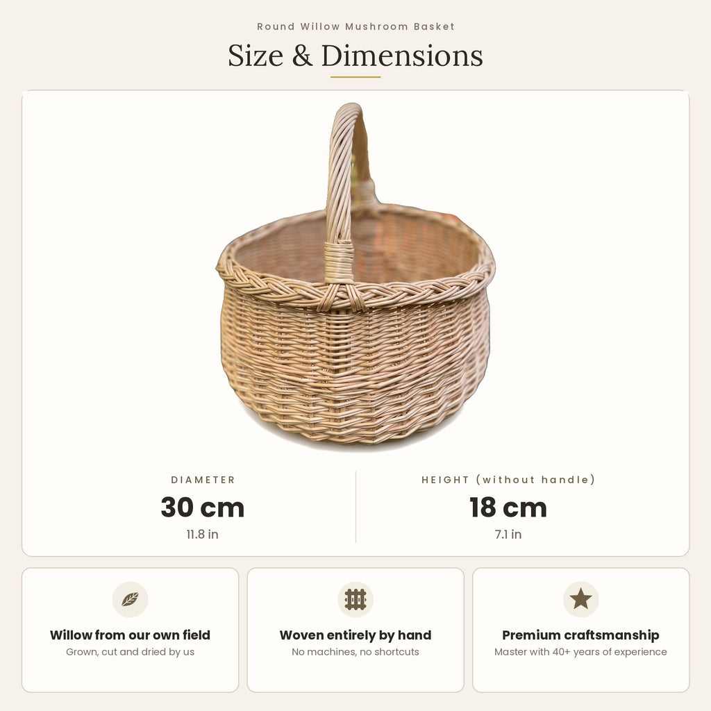 Grybų pintinės matmenys: skersmuo 30 cm, aukštis be rankenos 18 cm