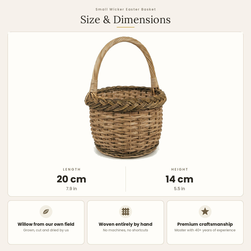 Velykinės pintinėlės matmenys: skersmuo 20 cm, aukštis 14 cm