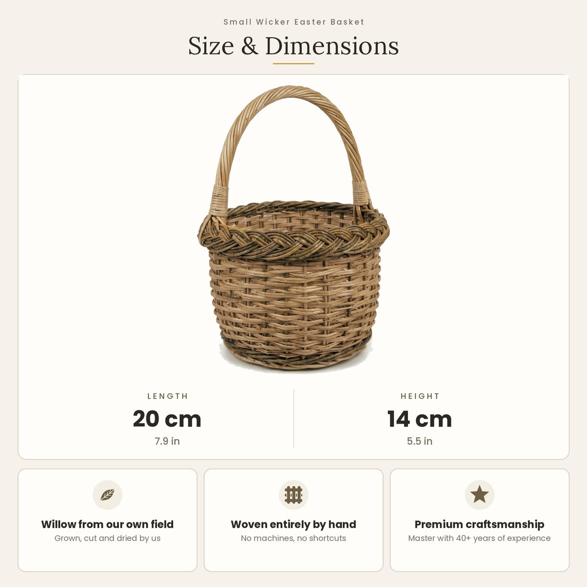 Velykinės pintinėlės matmenys: skersmuo 20 cm, aukštis 14 cm