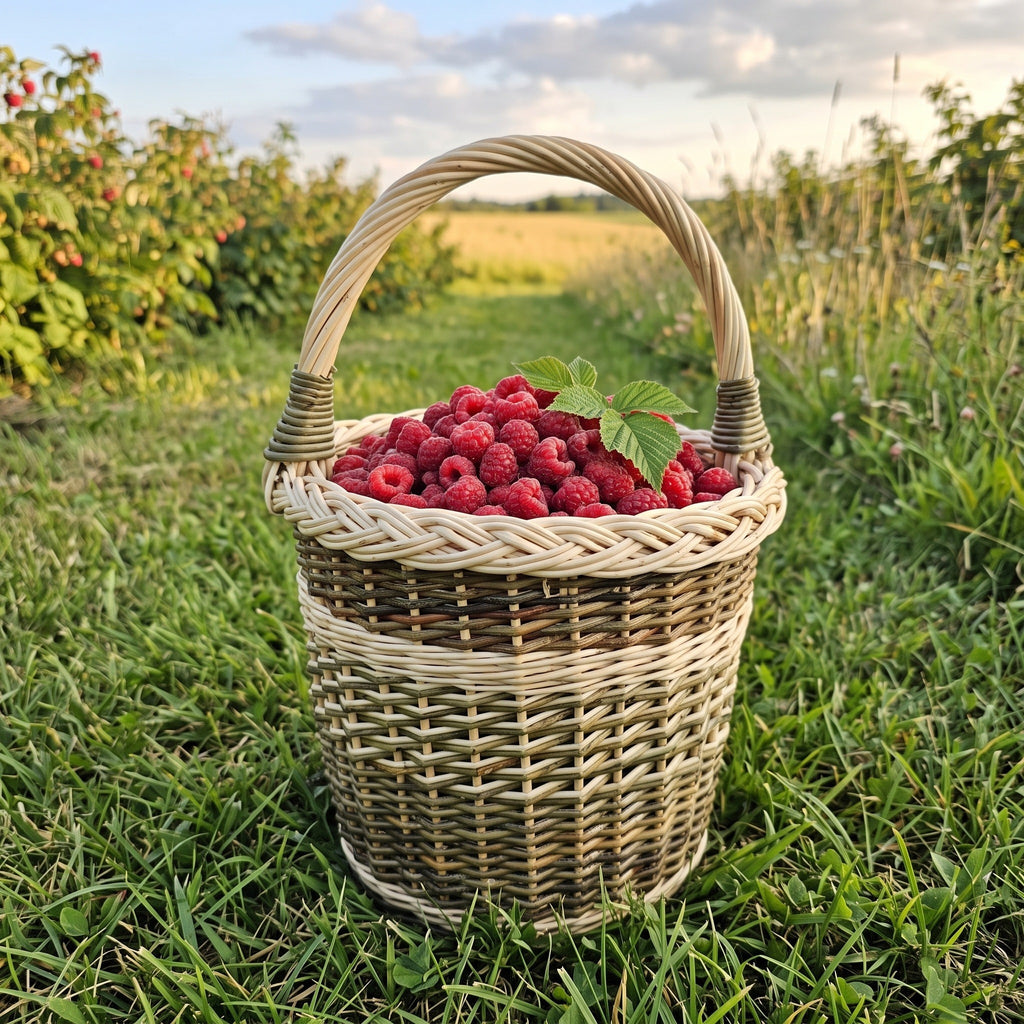 Aukšta vytelių pintinė su rankena, pilna šviežių avietių, ant žolės prie aviečių krūmų