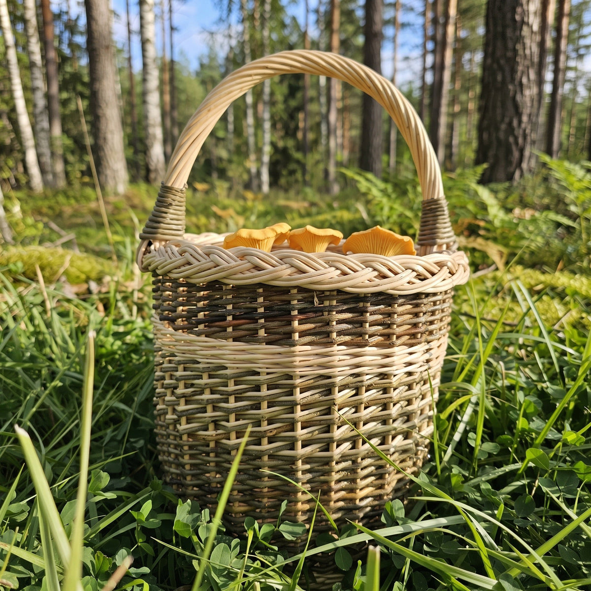 Aukšta pintinė su rankena, pilna voveraičių, tarp paparčių ir samanų pušyne