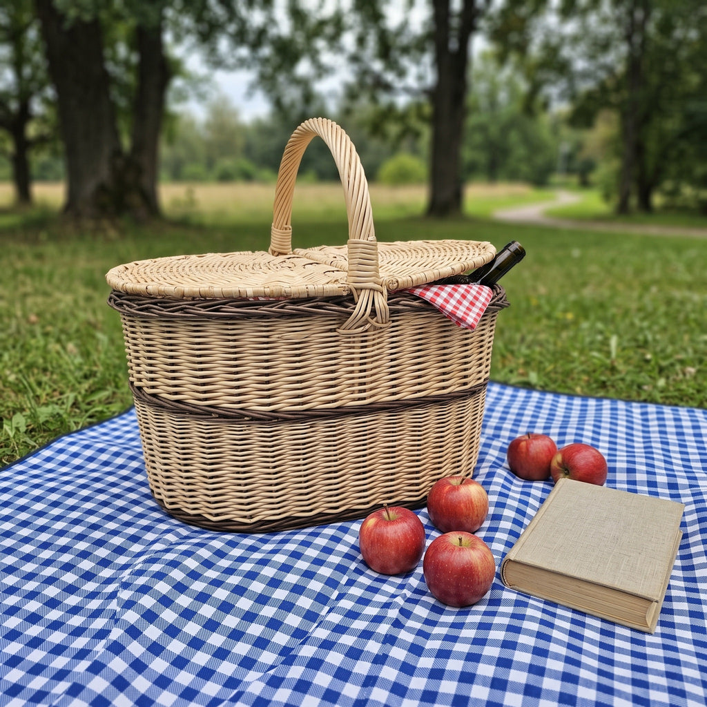 Pikniko pintinė su dangčiu ant mėlyno languoto pledo parke, po dangčiu obuoliai, knyga ir butelis