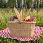 Didelė pikniko pintinė su atidarytais dangčiais, joje duona, sūris, braškės ir limonadas, ant raudono languoto pleduko beržų pievoje