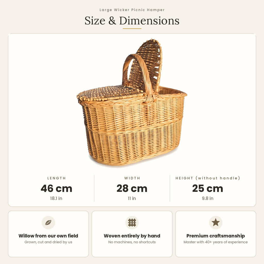 Pikniko pintinės matmenys: ilgis 46 cm, plotis 28 cm, aukštis be rankenos 25 cm