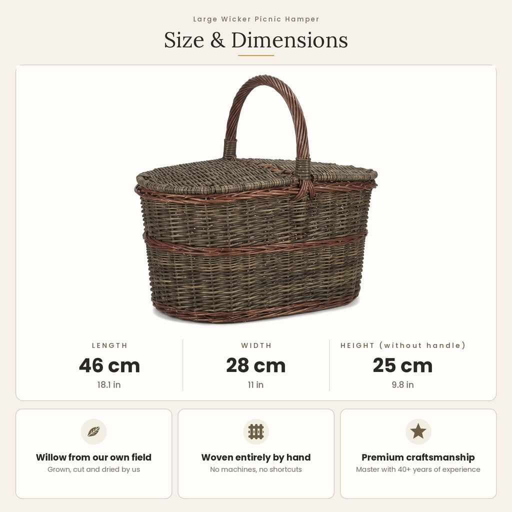 Pikniko pintinės matmenys: ilgis 46 cm, plotis 28 cm, aukštis be rankenos 25 cm