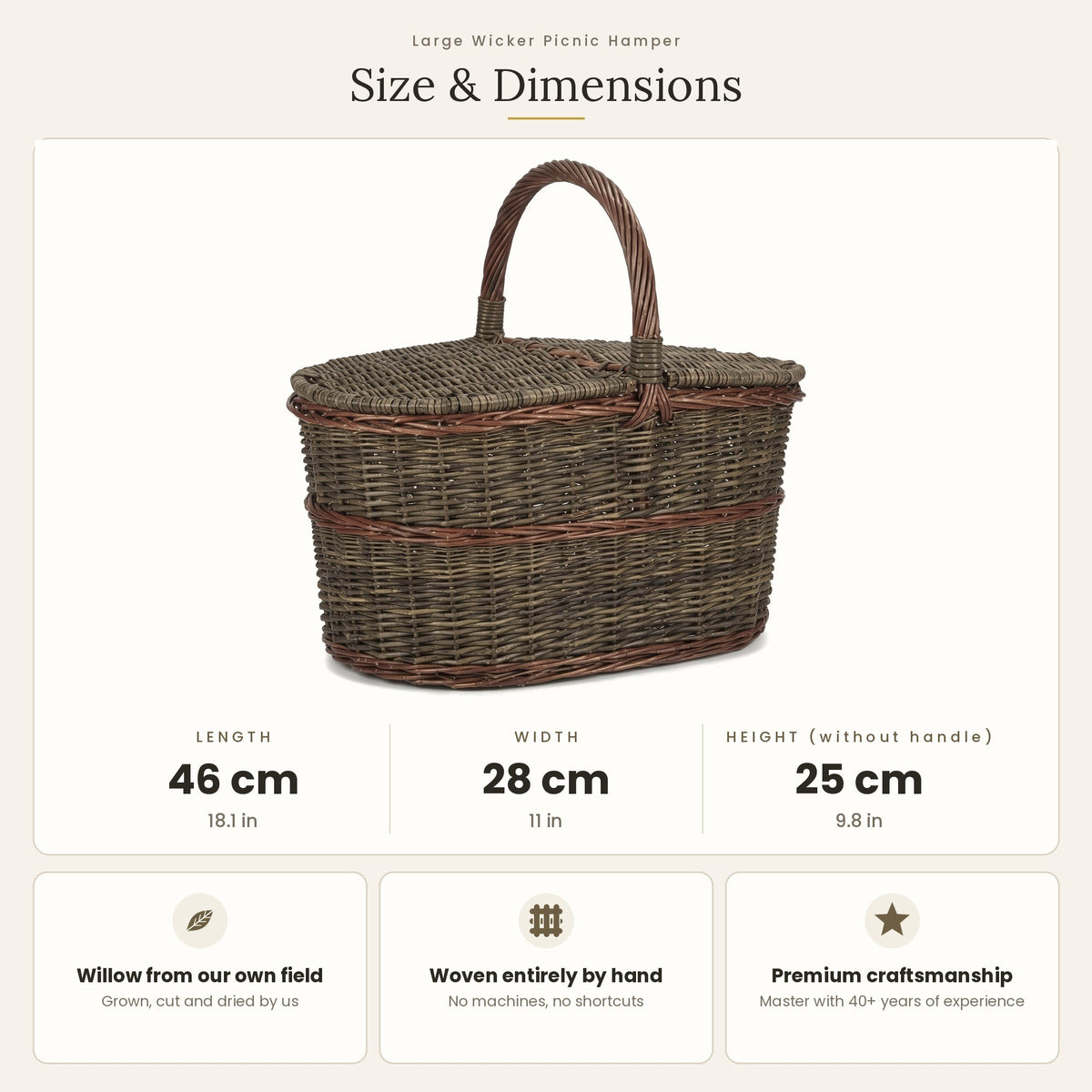 Pikniko pintinės matmenys: ilgis 46 cm, plotis 28 cm, aukštis be rankenos 25 cm