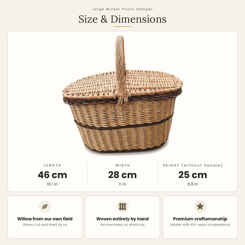 Pikniko pintinės matmenys: ilgis 46 cm, plotis 28 cm, aukštis be rankenos 25 cm