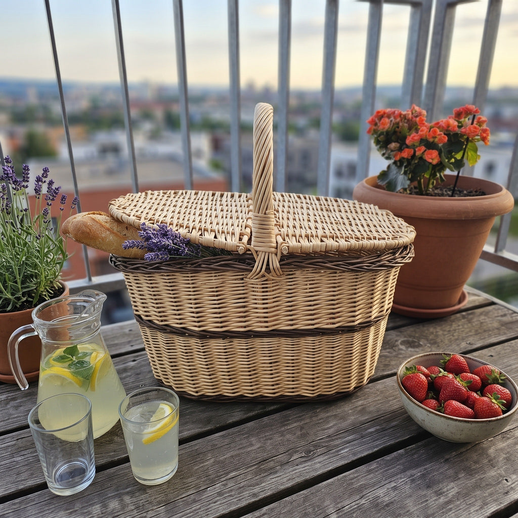 Pikniko pintinė su dangčiu, joje batonas ir levandos, ant balkono stalo šalia limonado ir braškių