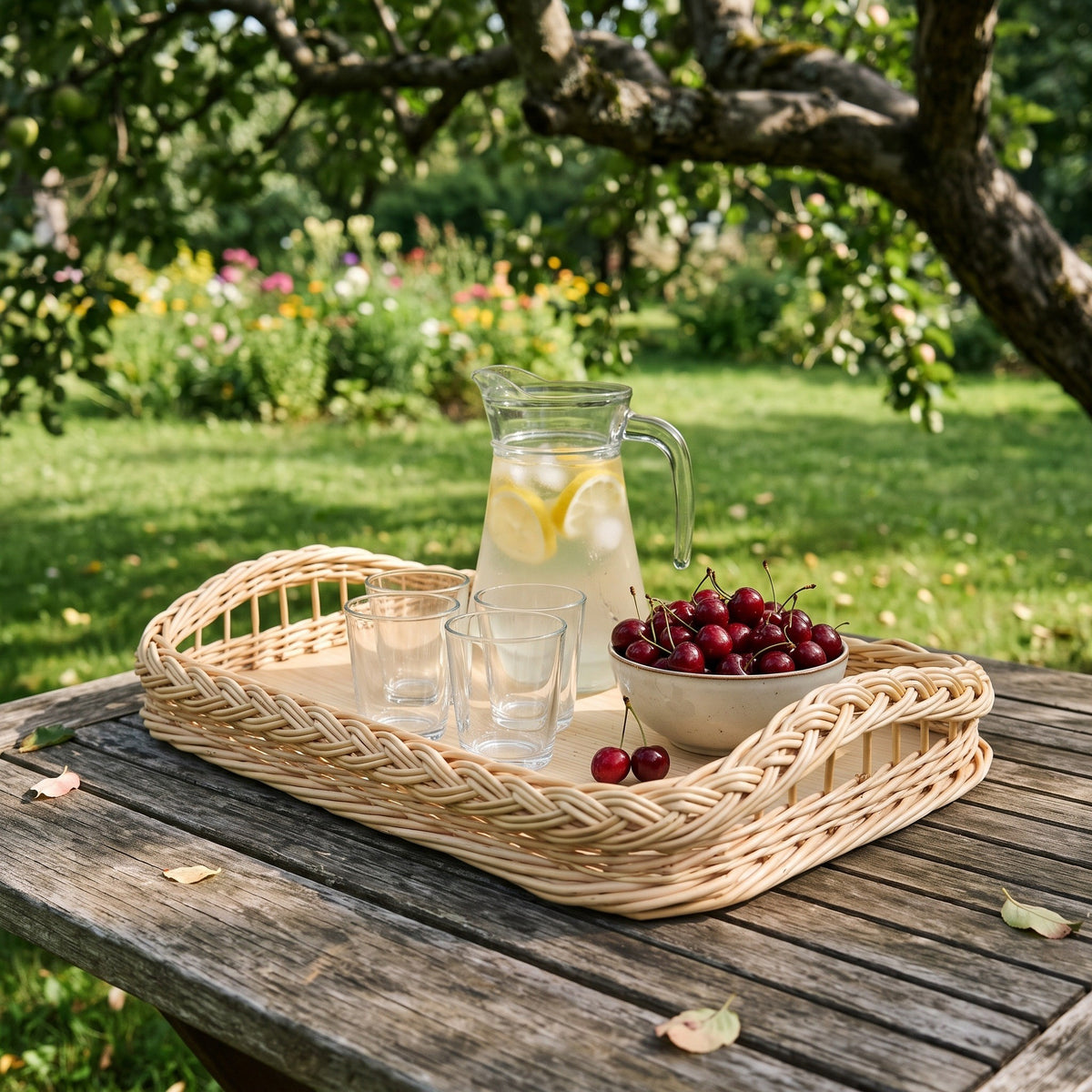 Vytelių padėklas su limonado ąsočiu, stiklinėmis ir vyšniomis ant medinio stalo vasaros sode