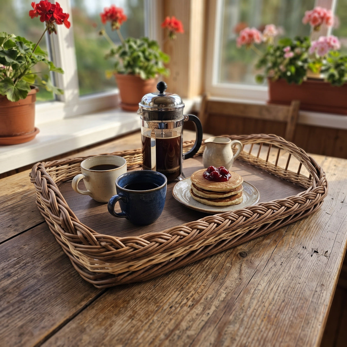 Vytelių padėklas su kava, kavinuku, pieno ąsotėliu ir blynais ant medinio stalo prie lango su pelargonijomis