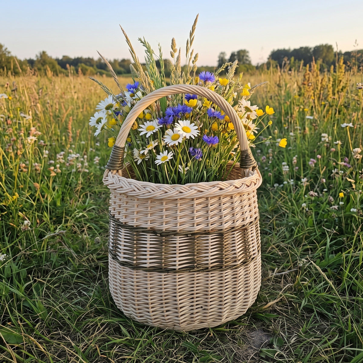 Aukšta vytelių pintinė su lanko formos rankena ir ramunių bei rugiagėlių puokšte vasaros pievoje