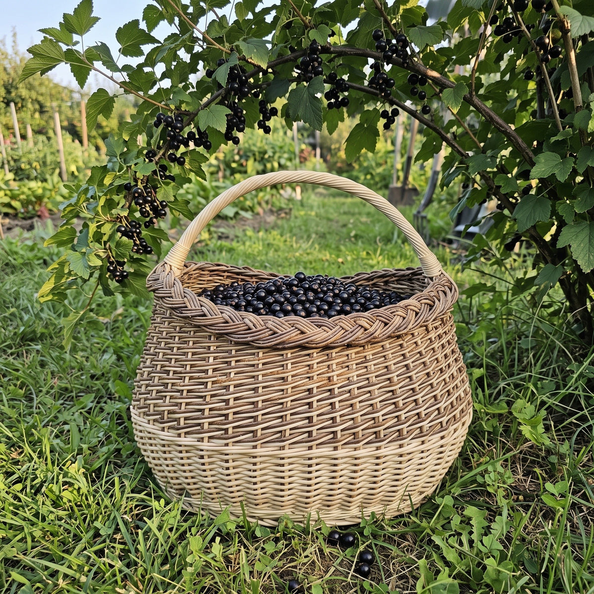 Gili ovali pintinė kasele pintu kraštu, pilna juodųjų serbentų, po serbentų krūmu sode