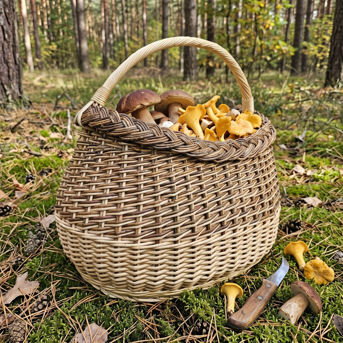 Gili grybų pintinė su baravykais ir voveraitėmis ant pušyno paklotės, šalia peiliukas ir dar grybų