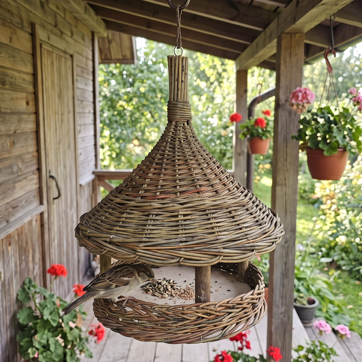 Lesykla su aukštu pintu stogeliu kabo ant verandos sijos, žvirblis lesa sėklas, šalia vazonai su raudonomis pelargonijomis