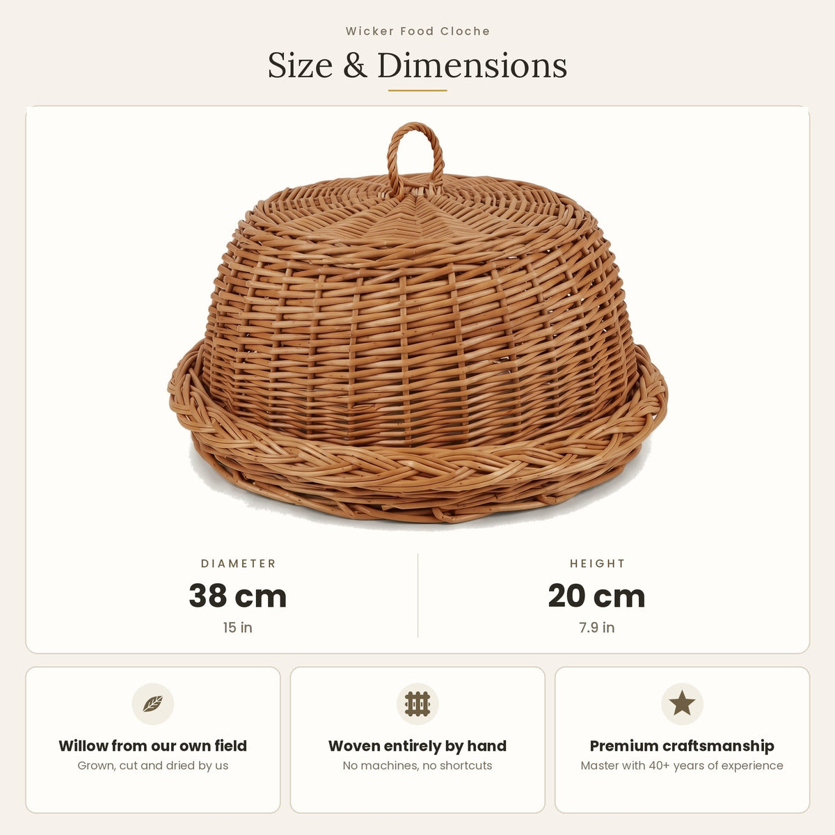 Duoninės su padėklu matmenys: skersmuo 38 cm, aukštis 20 cm