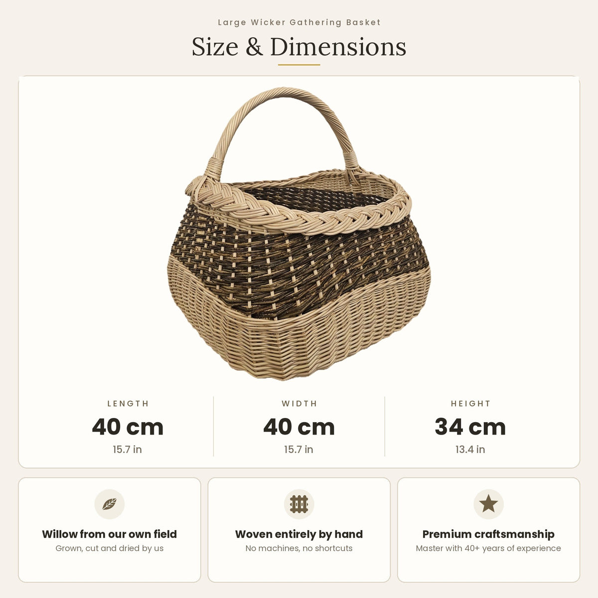 Didelės kvadratinės pintinės matmenys: ilgis 40 cm, plotis 40 cm, aukštis 34 cm