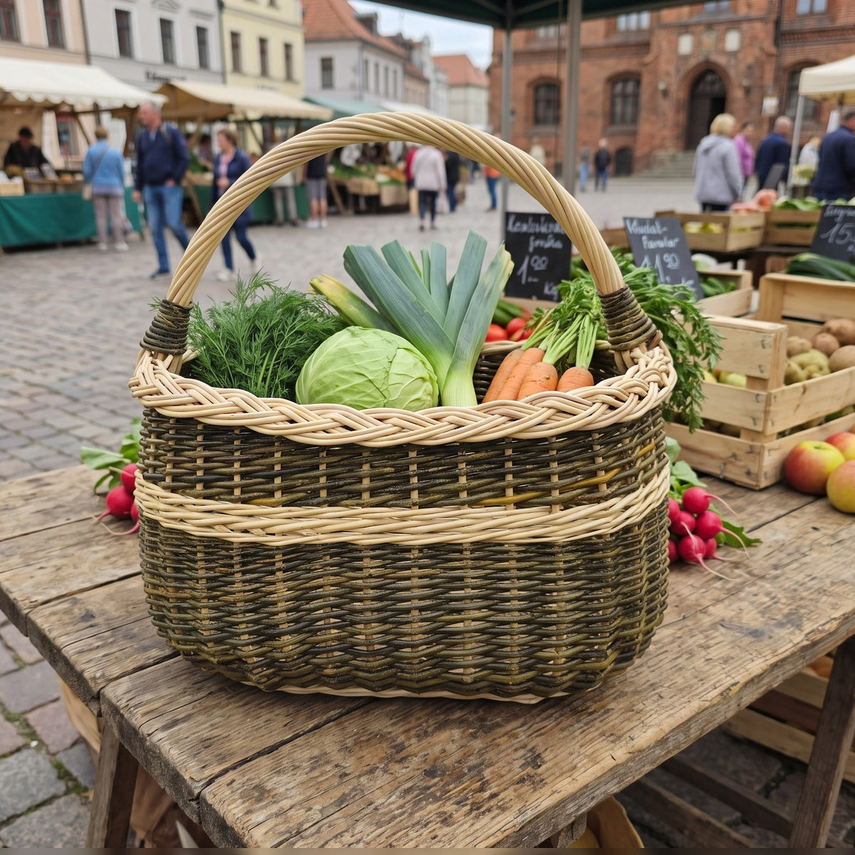 Ovali pintinė, pilna kopūstų, porų, morkų, krapų ir ridikėlių, ant medinio prekystalio senamiesčio turguje