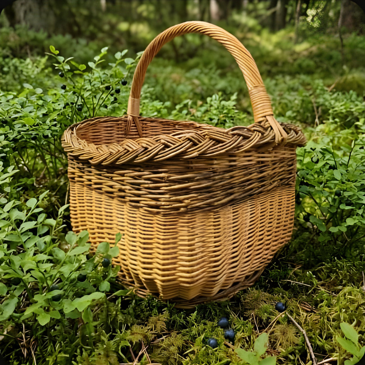 Pintinė su kasele pintu kraštu ir aukšta lenkta rankena tarp mėlynienojų miške