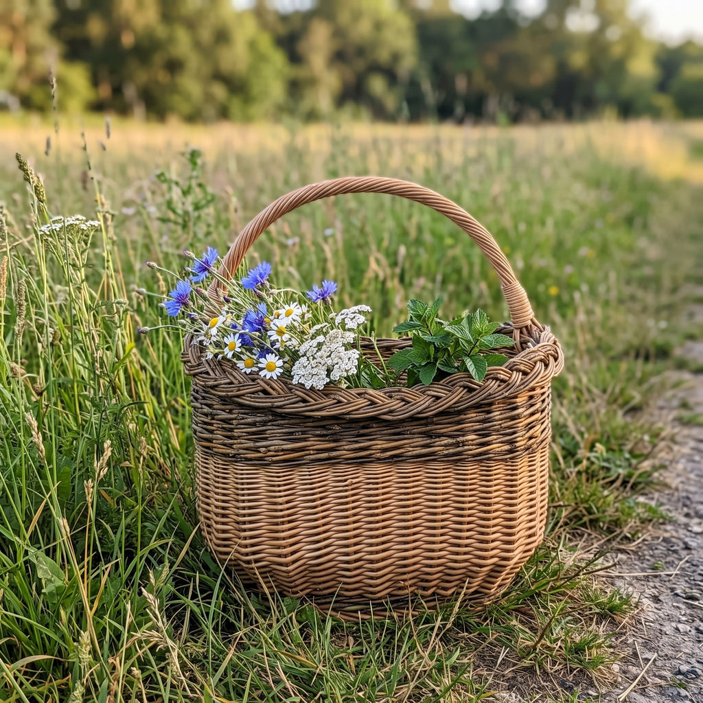 Pintinė su kasele pintu kraštu, joje rugiagėlės, ramunės ir žolelės, aukštoje vasaros pievos žolėje