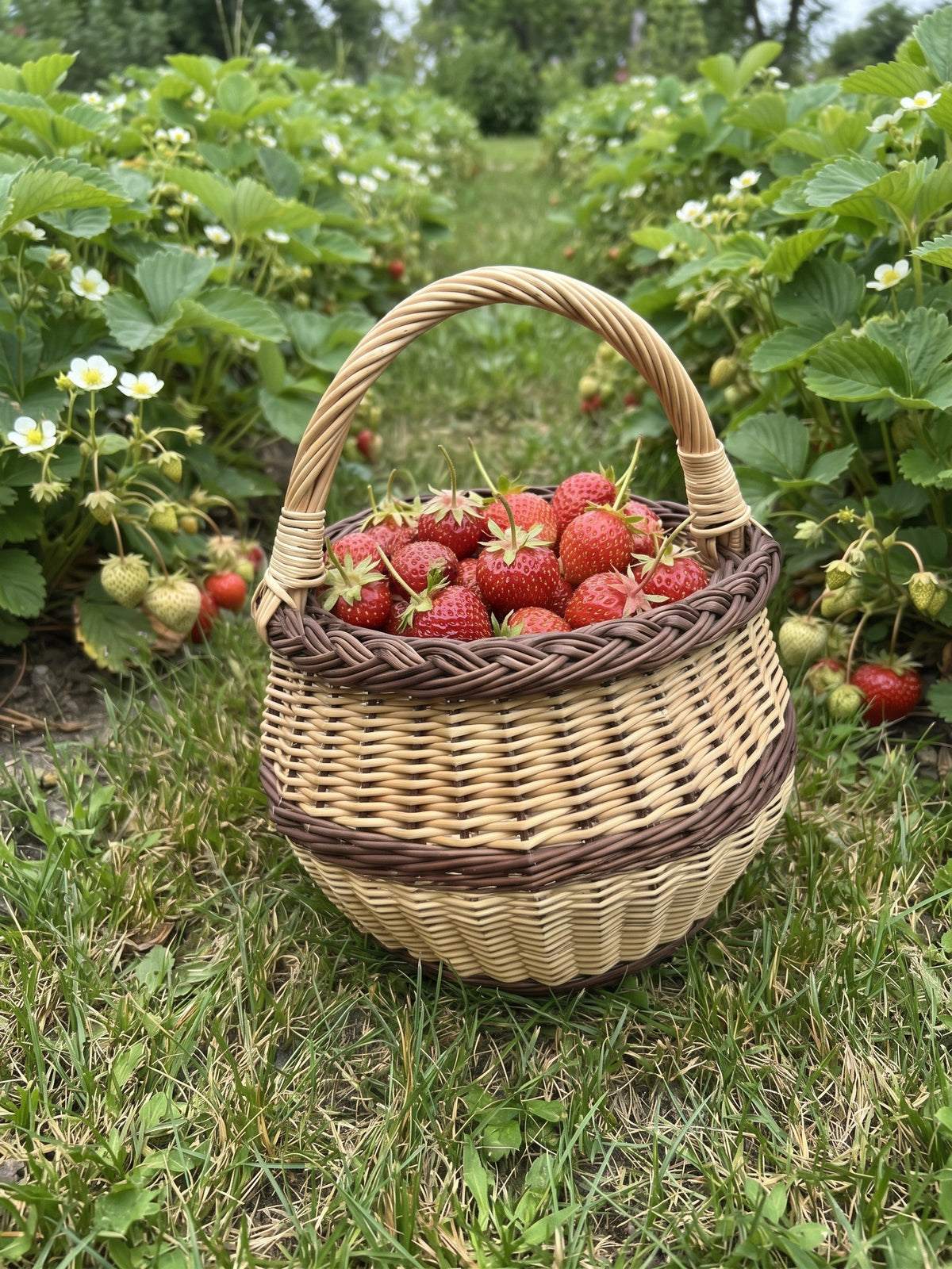 Maža vytelių pintinė uogoms, pilna ką tik nuskintų braškių, braškių lysvėje