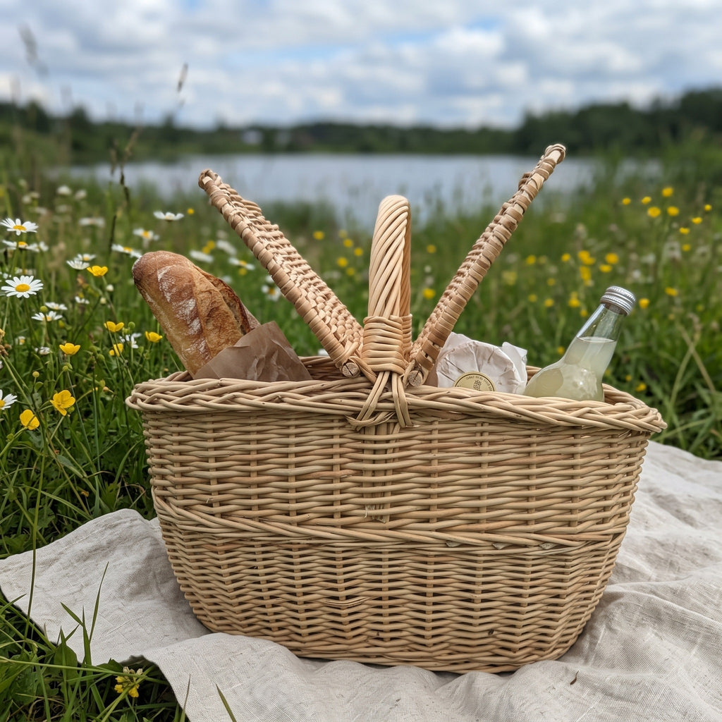 Pikniko pintinė su dviem atvertais dangčiais, joje batonas, sūris ir limonadas, ant pledo pievoje prie ežero