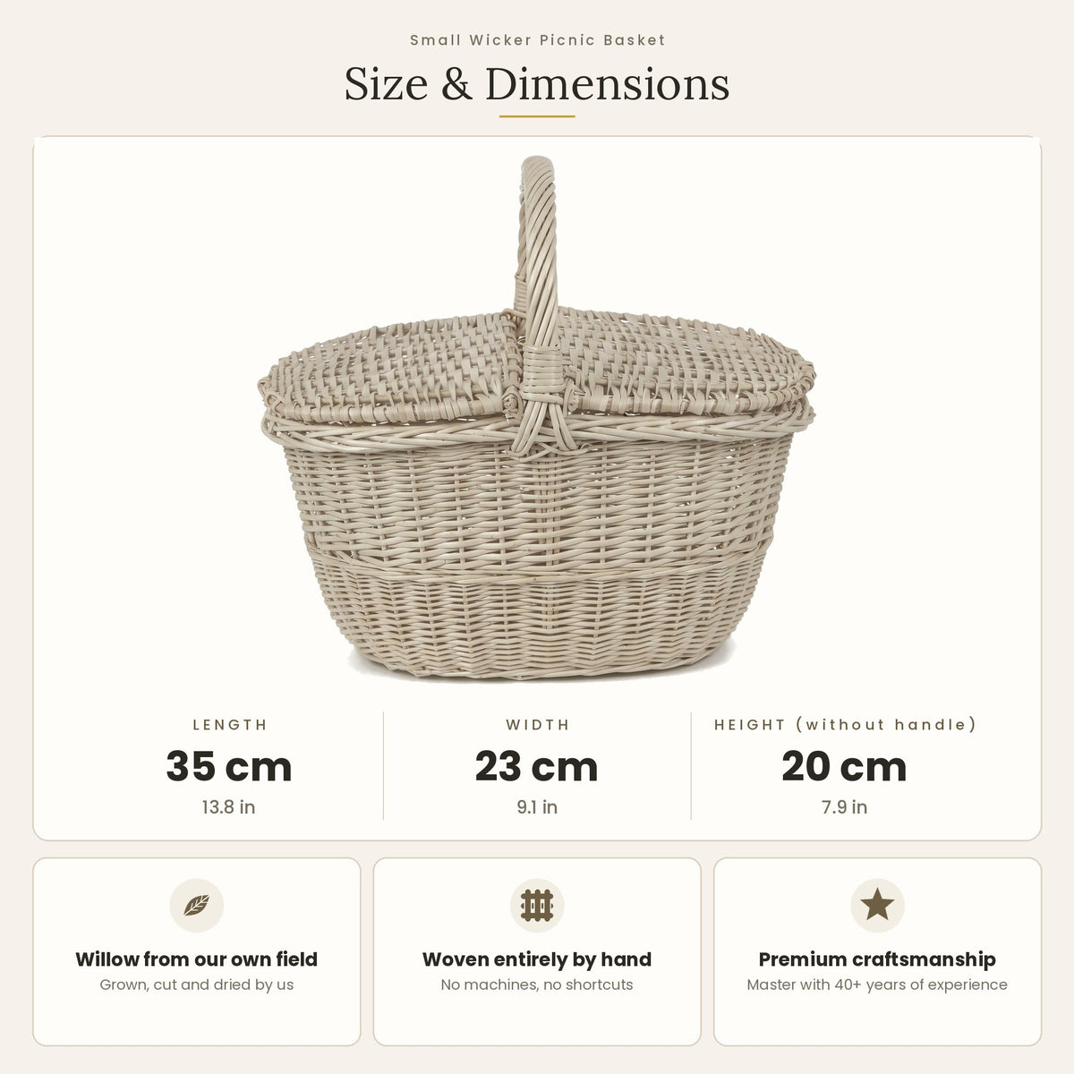 Pikniko pintinės matmenys: ilgis 35 cm, plotis 23 cm, aukštis be rankenos 20 cm