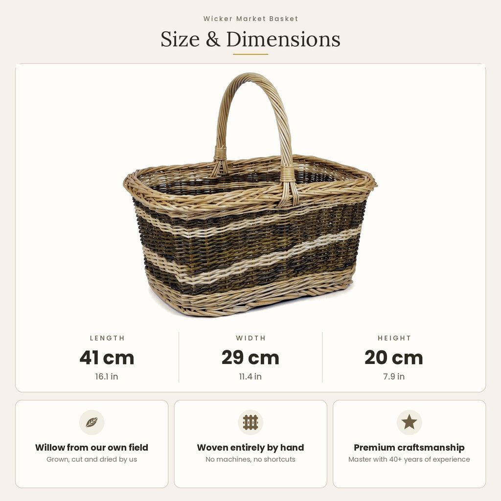 Daržovių pintinės matmenys: ilgis 41 cm, plotis 29 cm, aukštis 20 cm