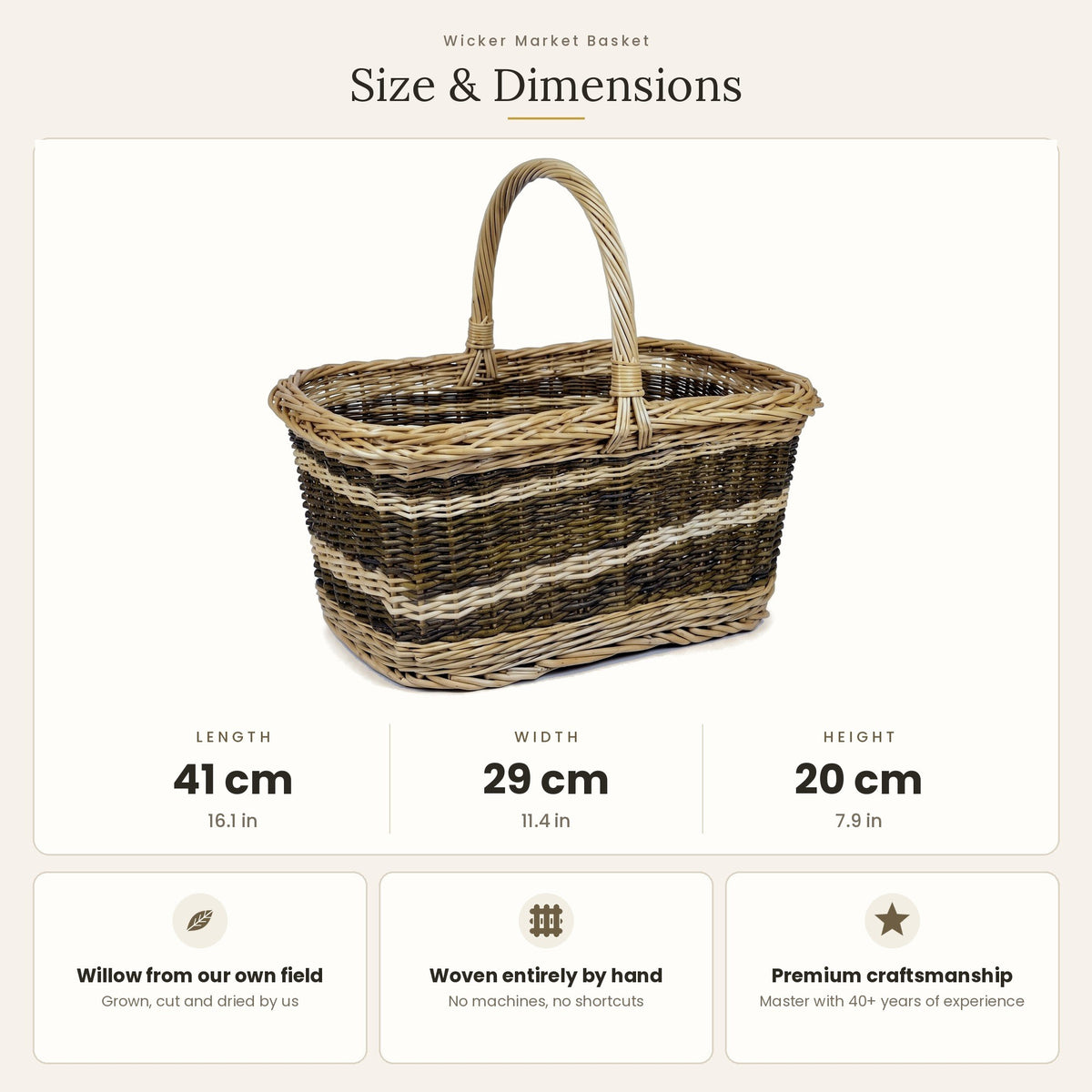 Daržovių pintinės matmenys: ilgis 41 cm, plotis 29 cm, aukštis 20 cm