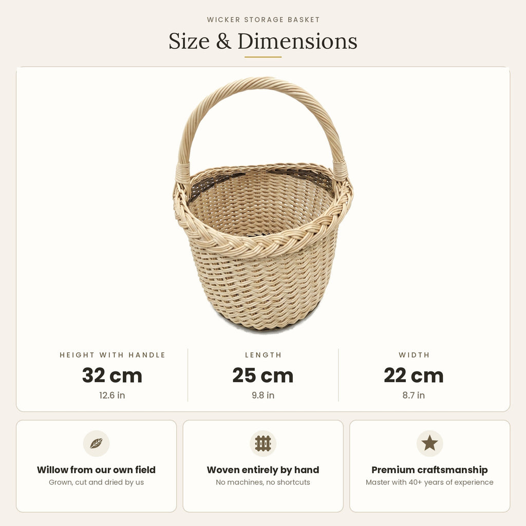 Pintinės matmenys: aukštis su rankena 32 cm, ilgis 25 cm, plotis 22 cm