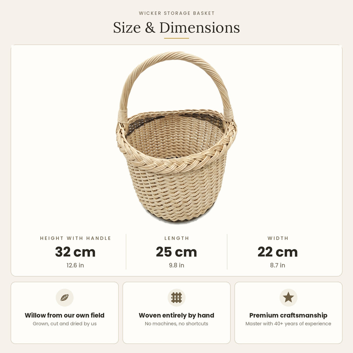 Pintinės matmenys: aukštis su rankena 32 cm, ilgis 25 cm, plotis 22 cm