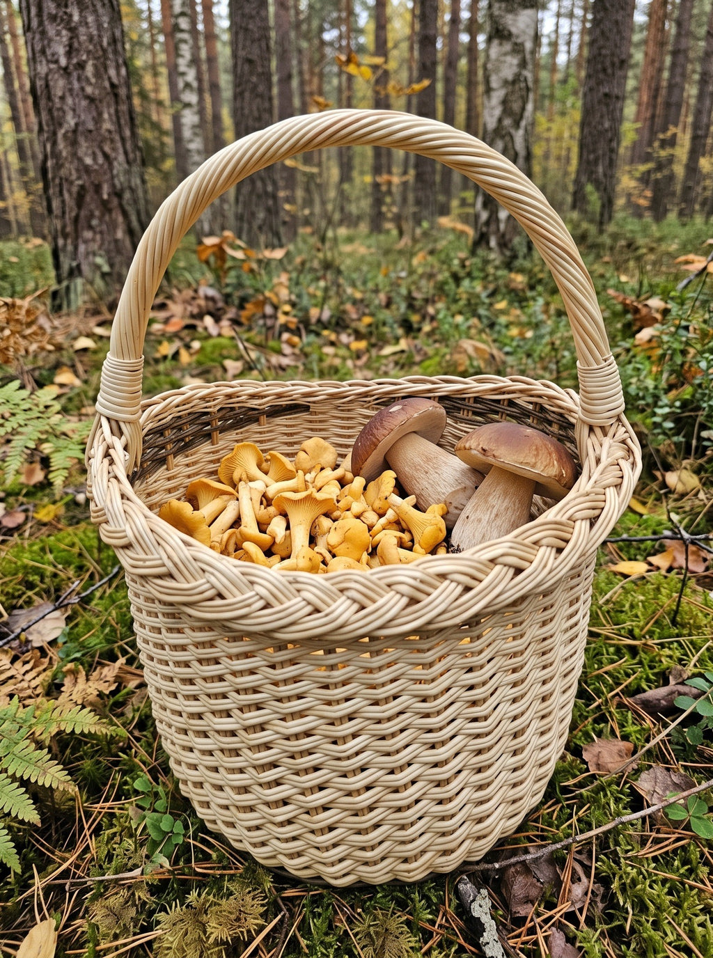 Grybų pintinė, pilna voveraičių ir baravykų, ant samanotos pušyno paklotės