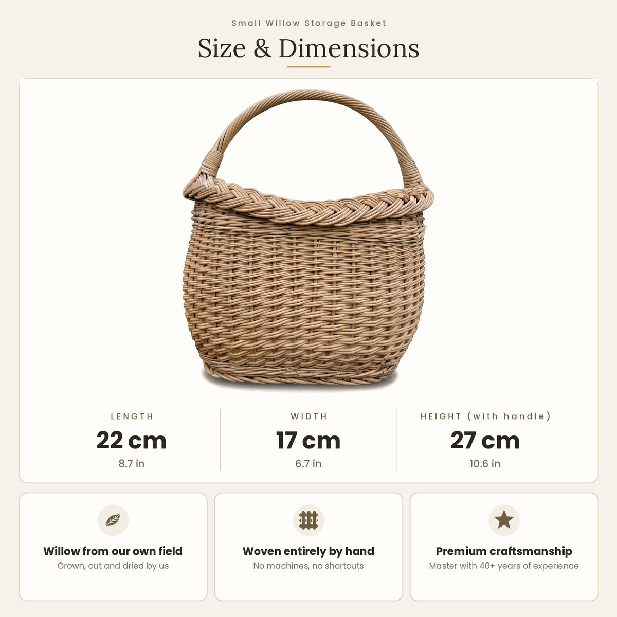 Pintinės matmenys: ilgis 22 cm, plotis 17 cm, aukštis su rankena 27 cm