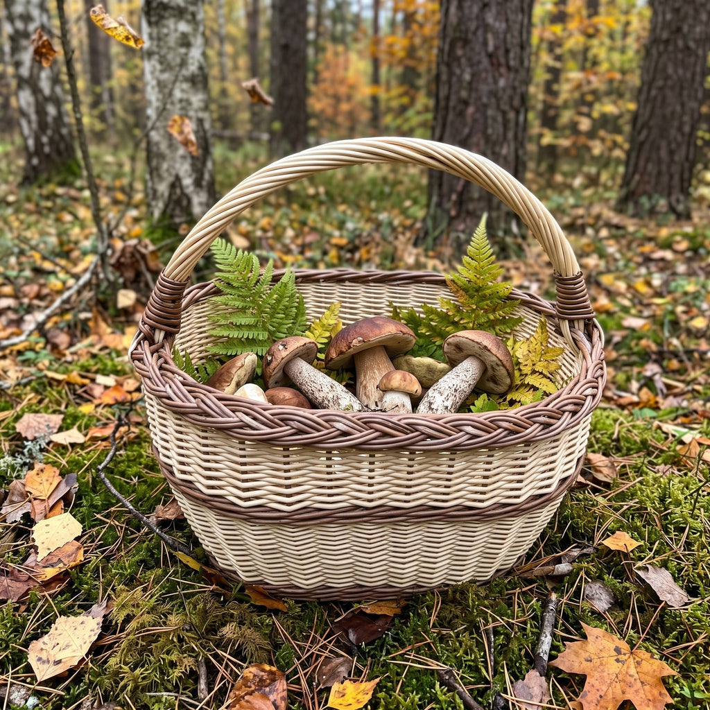 Ovali grybų pintinė su rankena, pilna miško grybų ir papartėlių, ant samanų tarp rudens lapų