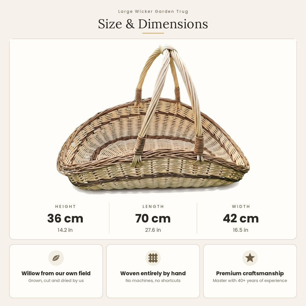 Sodo pintinės su dviem rankenomis matmenys: aukštis 36 cm, ilgis 70 cm, plotis 42 cm