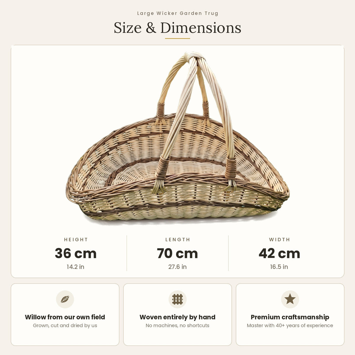 Sodo pintinės su dviem rankenomis matmenys: aukštis 36 cm, ilgis 70 cm, plotis 42 cm